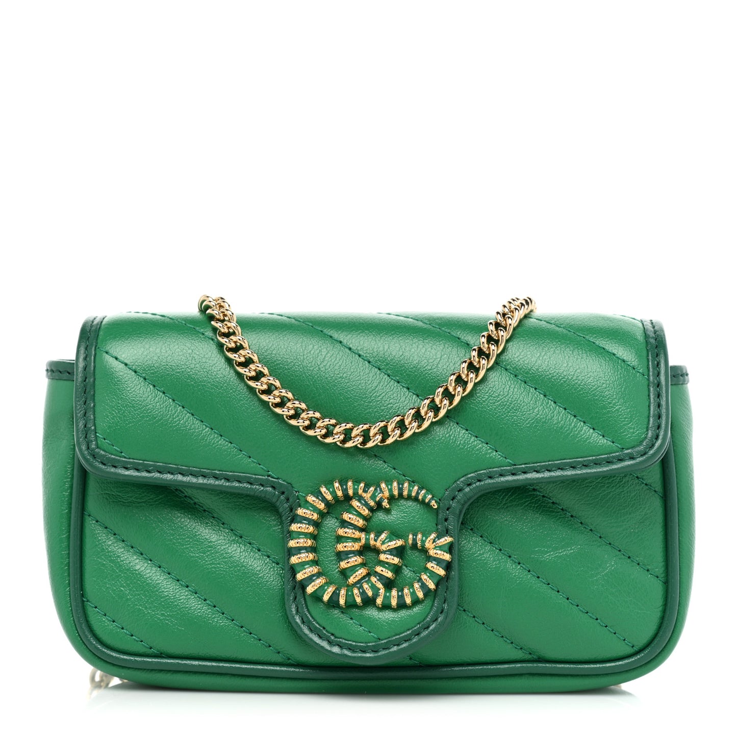 Azalea Calfskin Enamel Matelasse Diagonal Super Mini Torchon GG Marmont Shoulder Bag New Shamarock Emerald