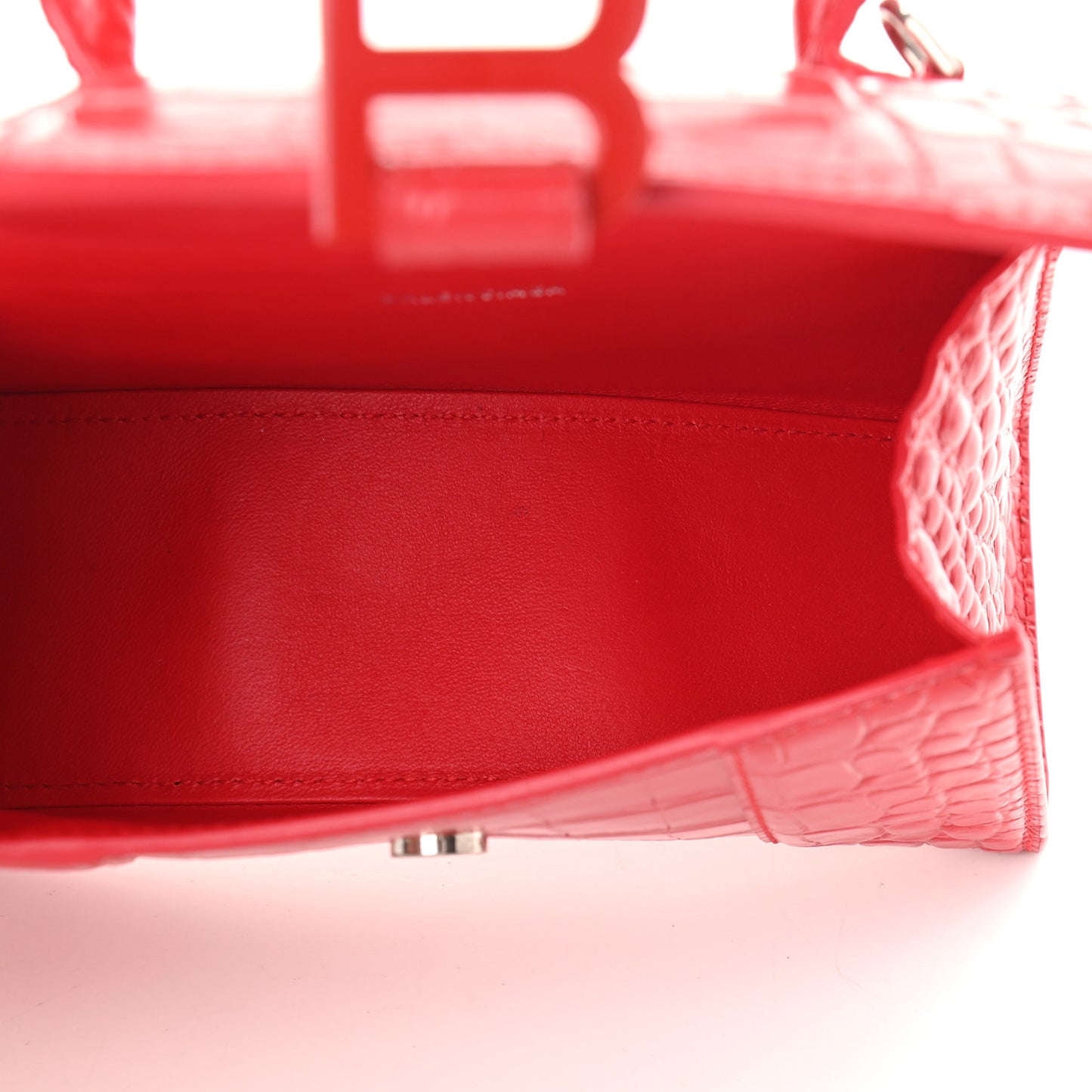 Shiny Calfskin Tonal B Crocodile Embossed Hourglass Top Handle Bag XS Bright Red