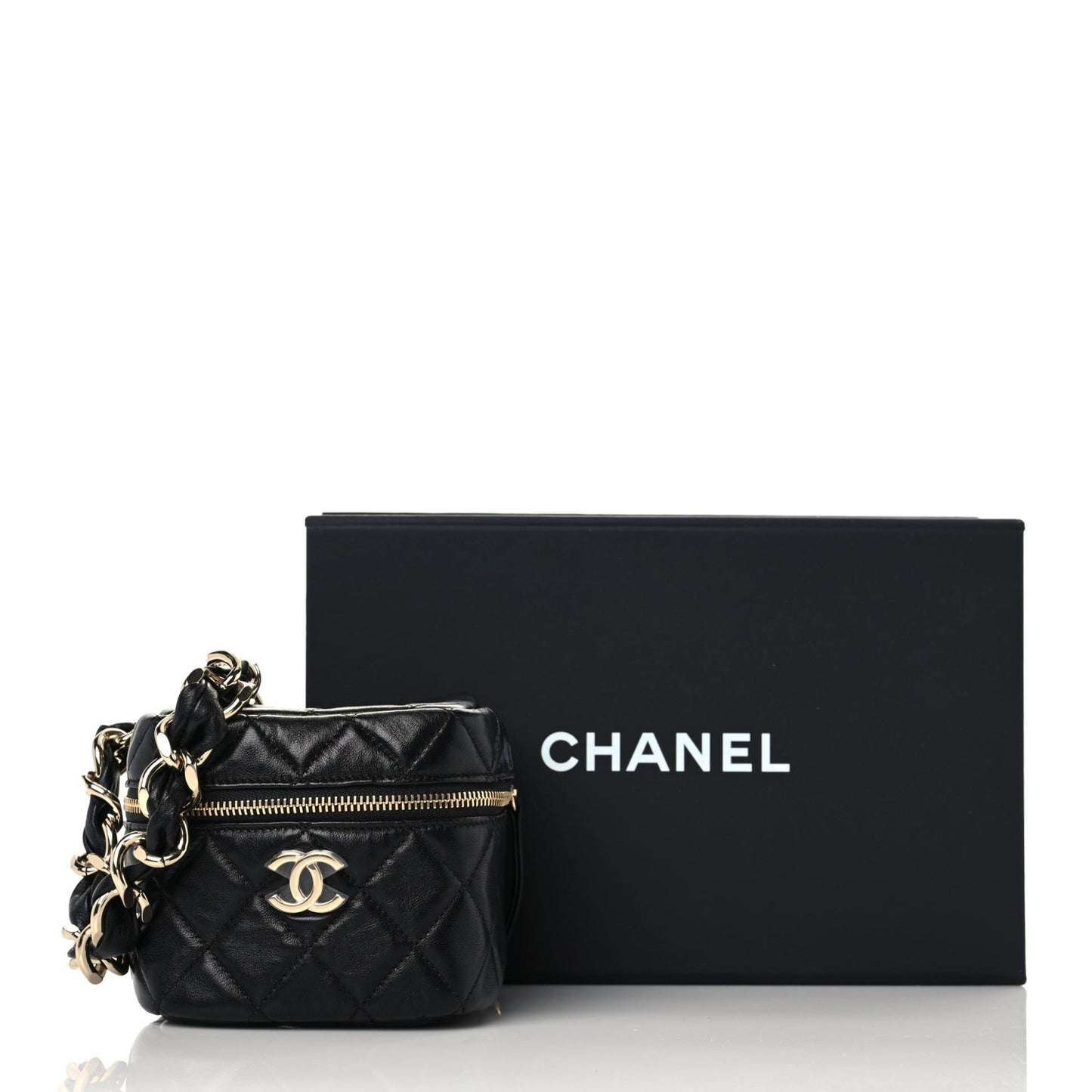 Lambskin Quilted Cube Chain Wristlet Case Black