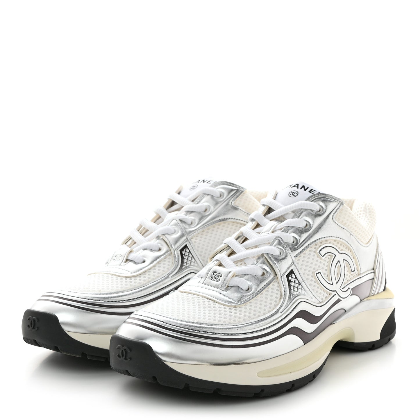 Fabric Laminated Calfskin Stretch CC Sneakers 38.5 White Silver