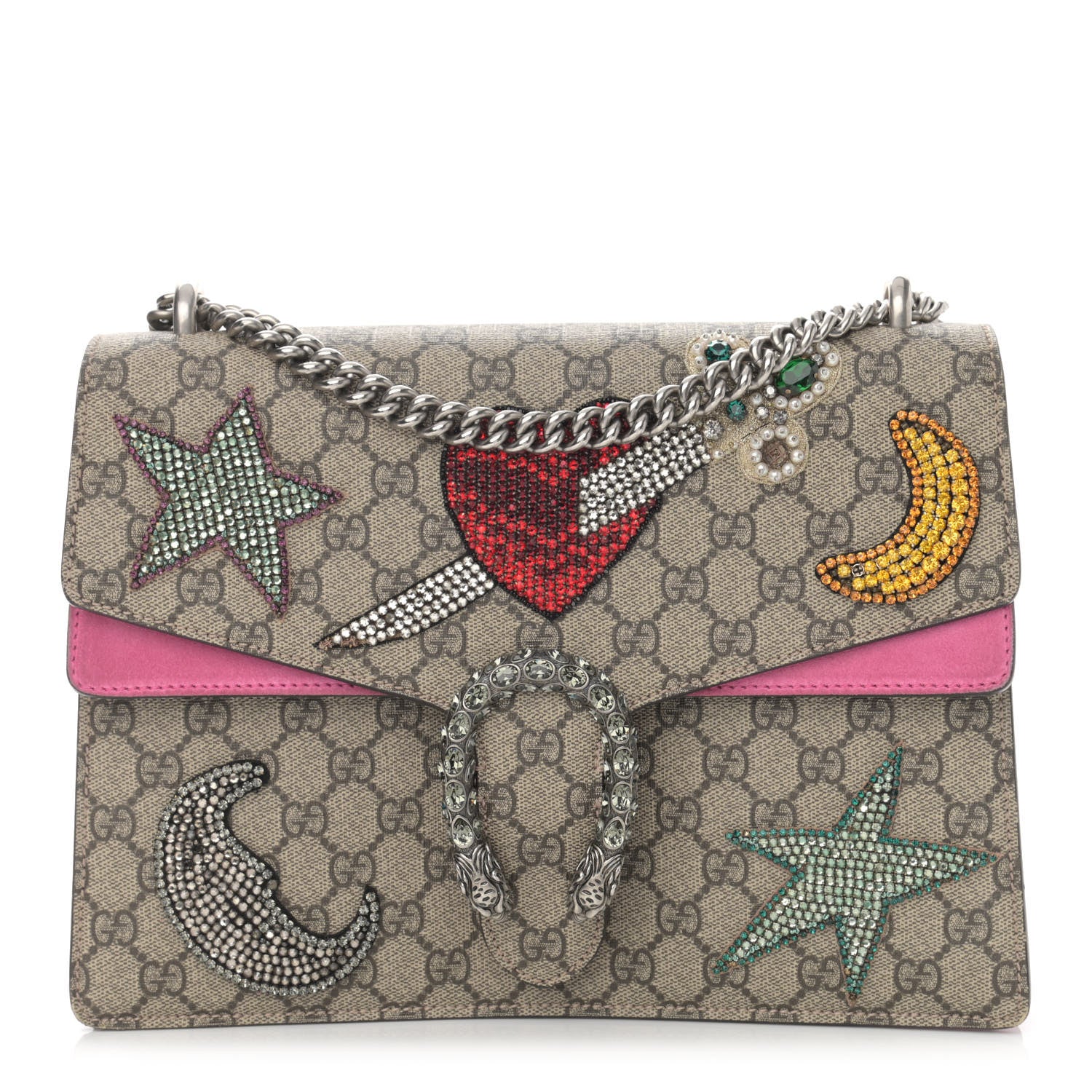 Gucci GG Supreme Monogram Suede Pierced Heart Embroidered Medium Dionysus Shoulder Bag Beige Ebony Pink Tropical Flower 1 of 15