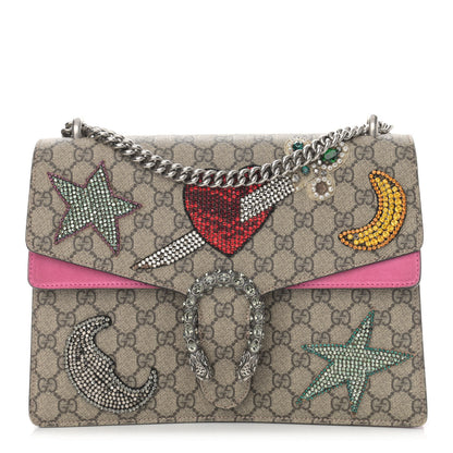 Gucci GG Supreme Monogram Suede Pierced Heart Embroidered Medium Dionysus Shoulder Bag Beige Ebony Pink Tropical Flower 1 of 15