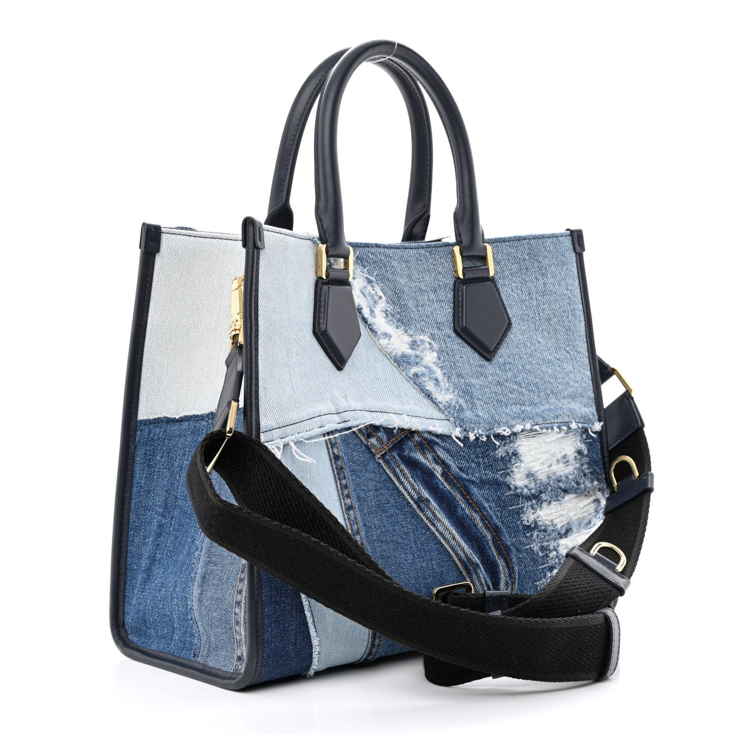 Calfskin Denim Patchwork Logo Shopper Tote Blue