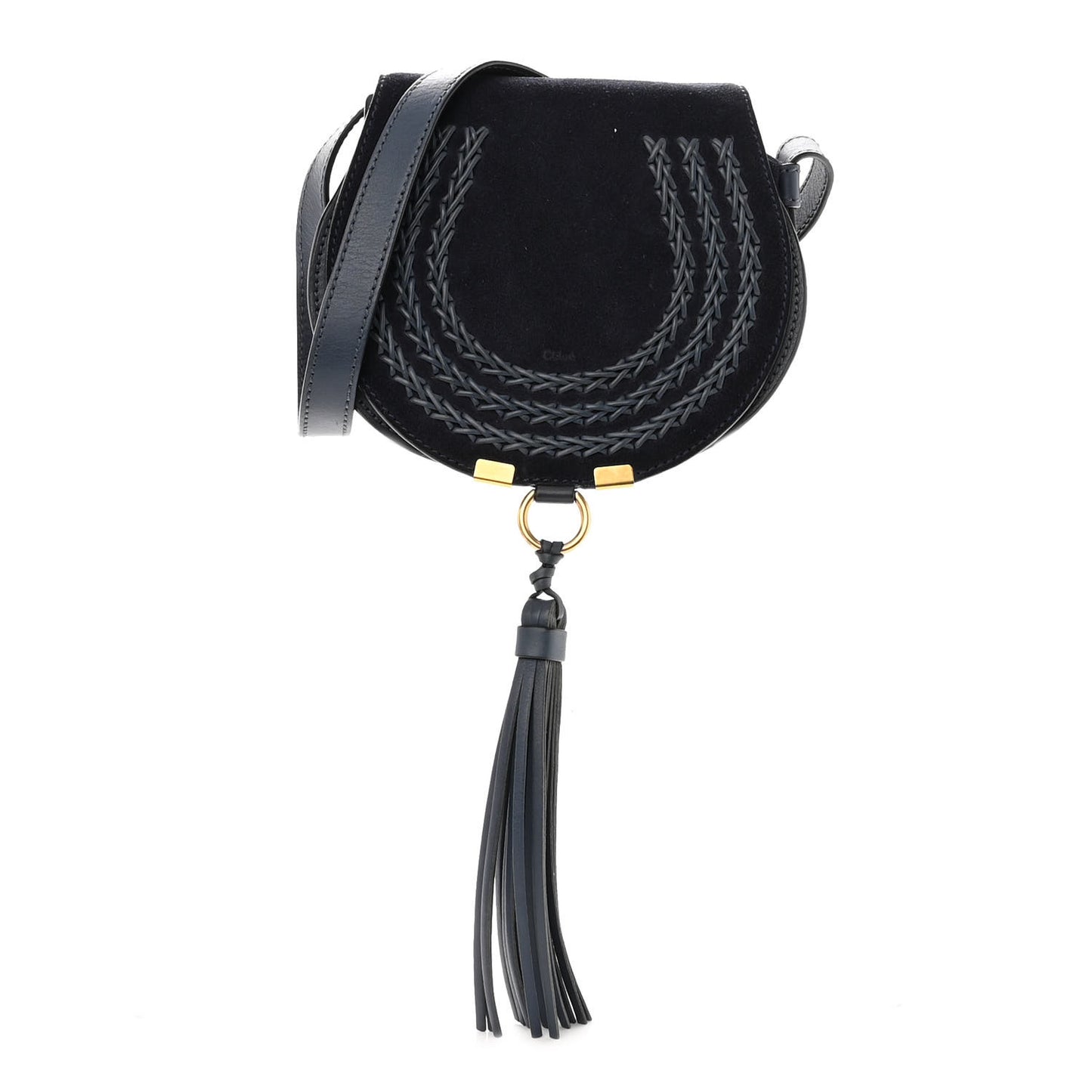 Suede Calfskin Braided Mini Marcie Round Crossbody Bag Navy