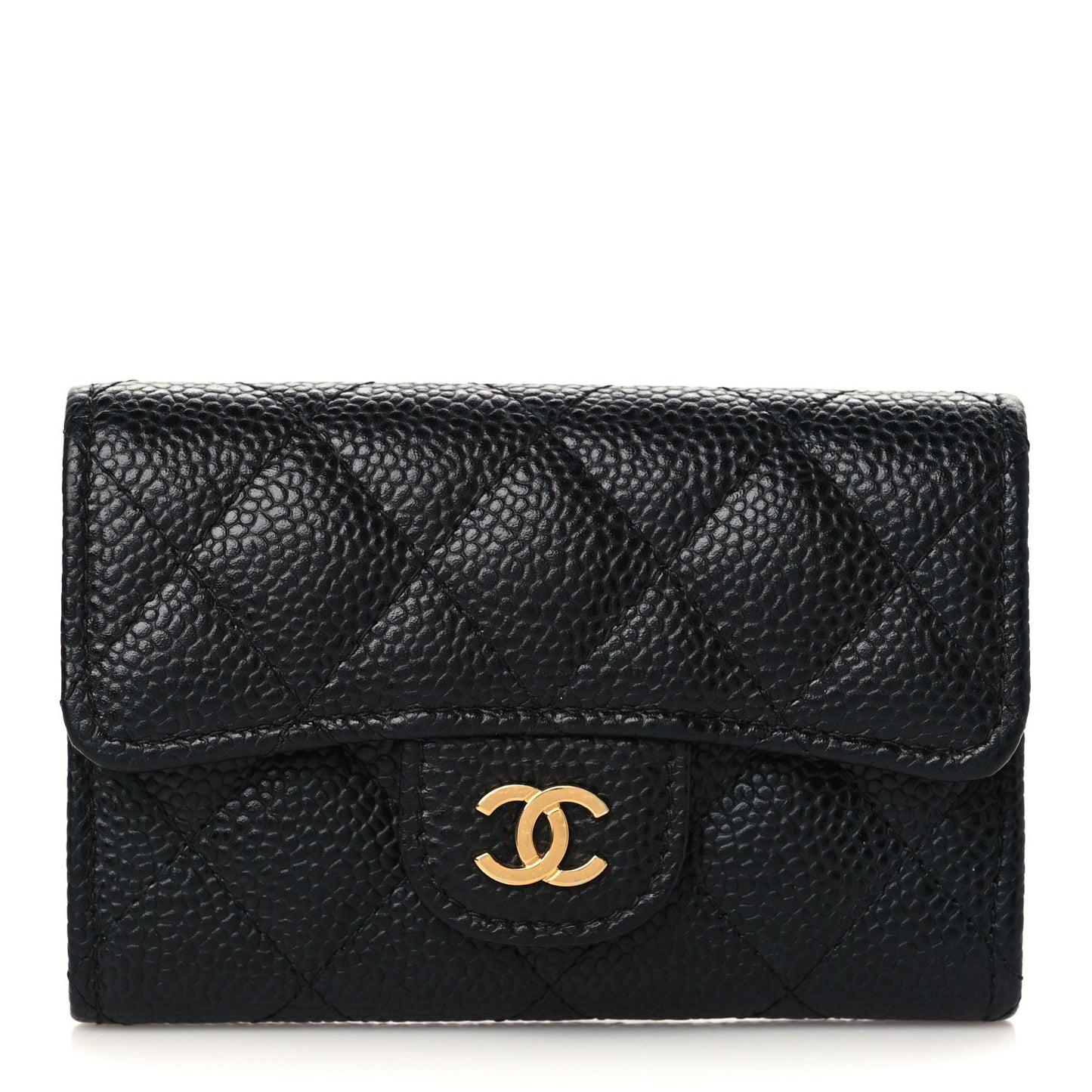 Caviar Quilted Flap Card Holder Wallet Black
