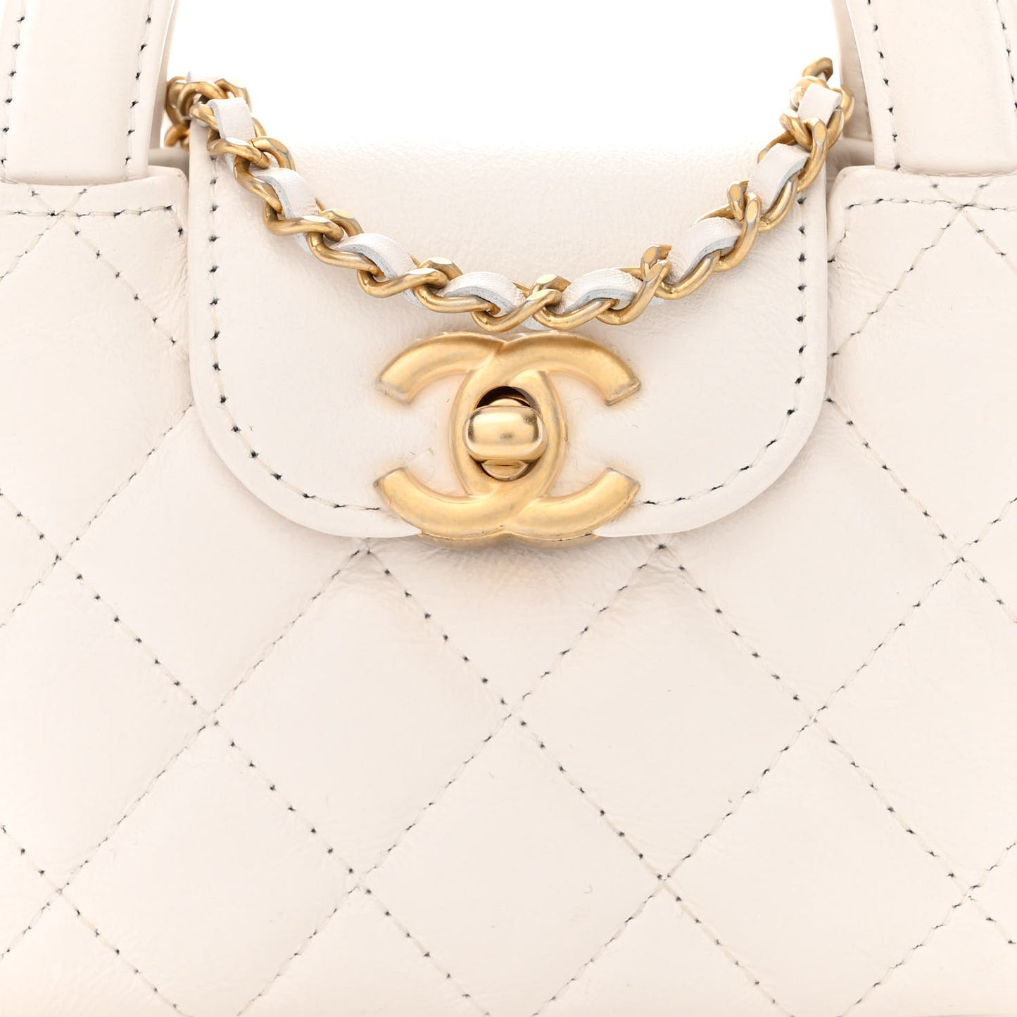 Shiny Aged Calfskin Quilted Mini Nano Kelly Shopper White