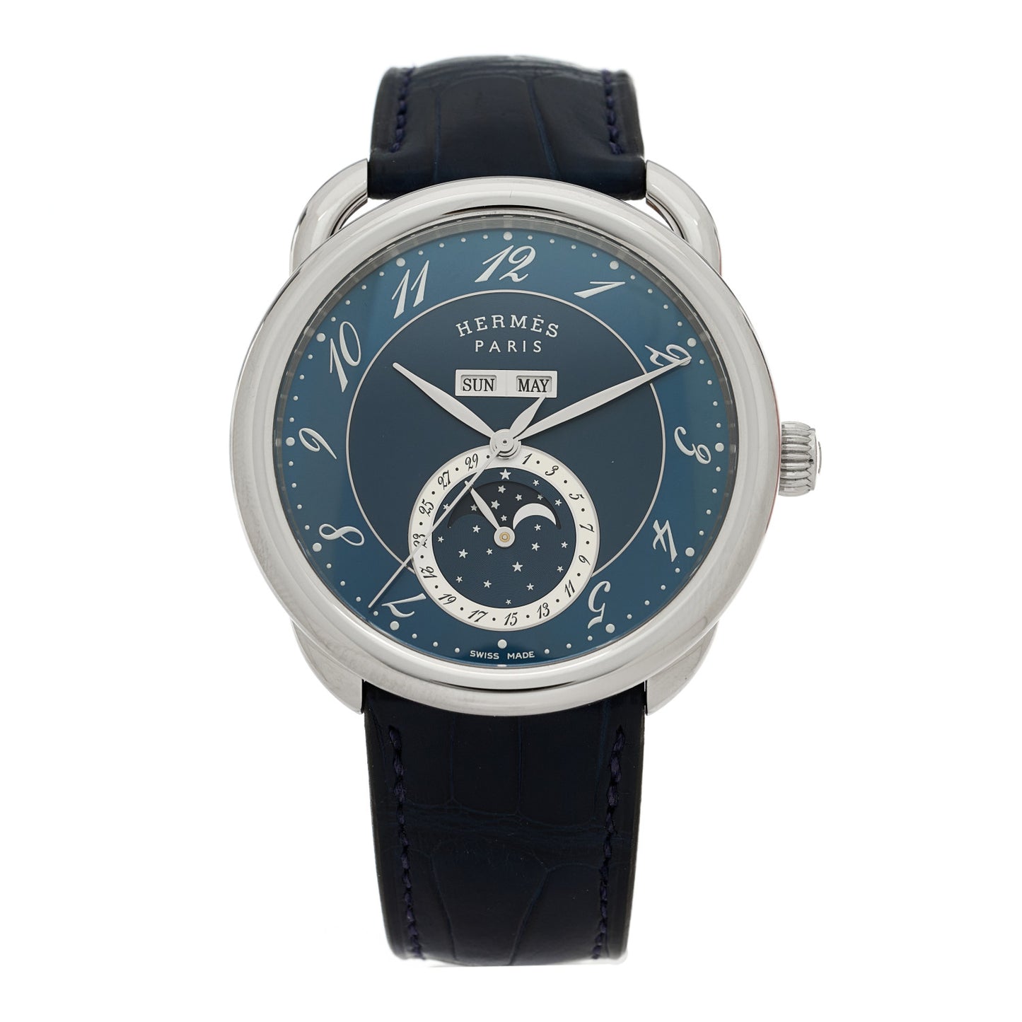Stainless Steel Alligator 43mm Arceau Grande Lune Automatic Watch Bleu Abysse
