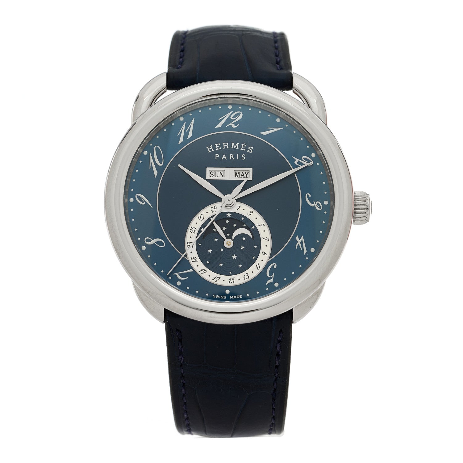 Hermes Stainless Steel Alligator 43mm Arceau Grande Lune Automatic Watch Bleu Abysse 1 of 5