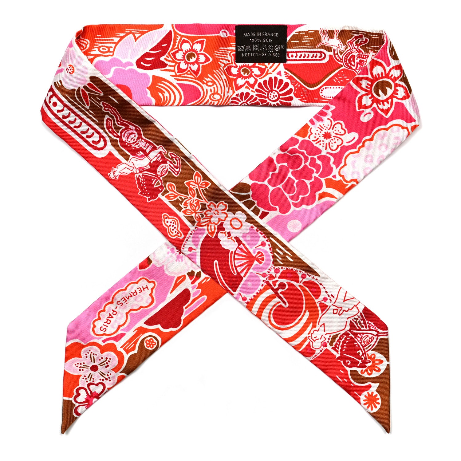 Hermes Silk Bingata Twilly Fuchsia Corail Brun 1 of 4
