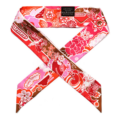 Hermes Silk Bingata Twilly Fuchsia Corail Brun 1 of 4