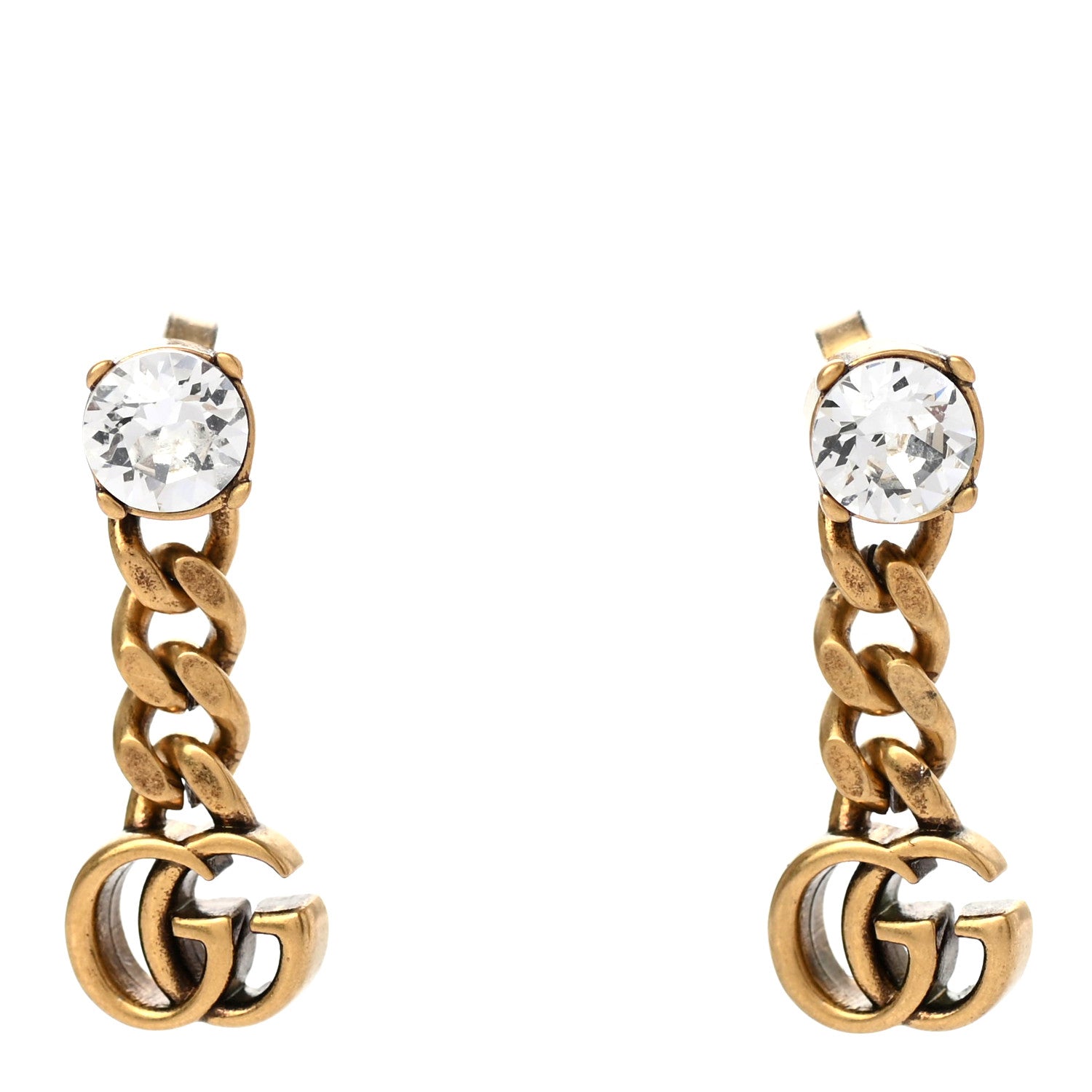 Gucci Metal Crystal Double G Chain Drop Earrings Aged Gold 1 of 4