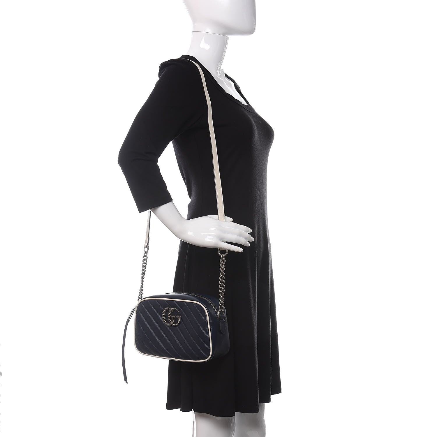 Gucci Vintage Effect Calfskin Matelasse Diagonal Small Torchon GG Marmont Chain Shoulder Bag Blue Agata Mystic White 2 of 11