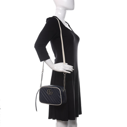 Gucci Vintage Effect Calfskin Matelasse Diagonal Small Torchon GG Marmont Chain Shoulder Bag Blue Agata Mystic White 2 of 11