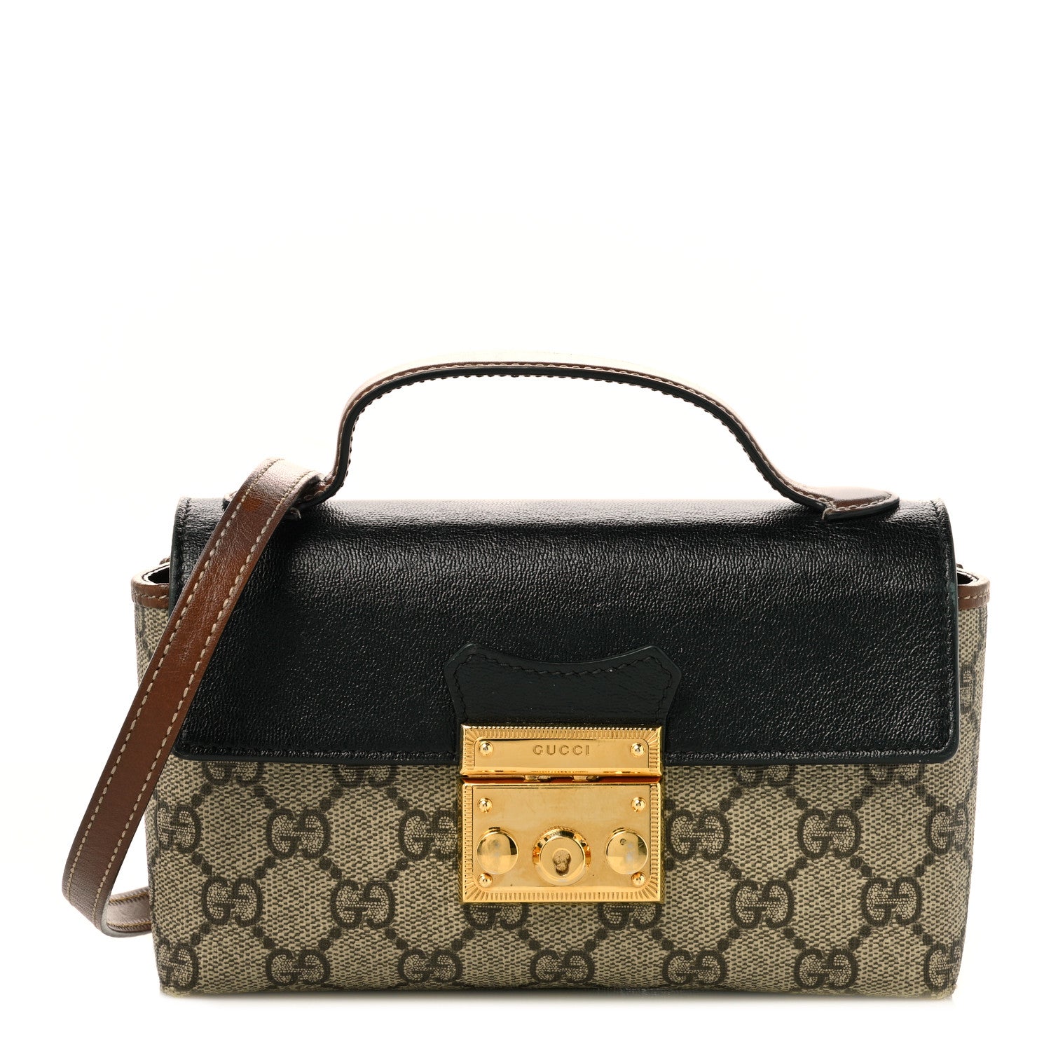 Gucci GG Supreme Monogram Calfskin Mini Padlock Top Handle Shoulder Bag Beige Black Cuir 1 of 12