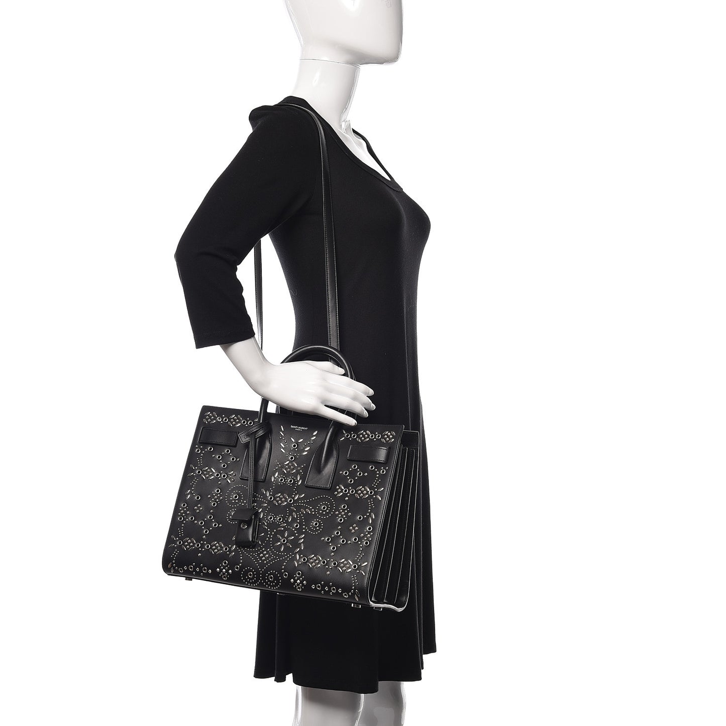 Calfskin Perforated Bandana Studded Small Sac De Jour Black