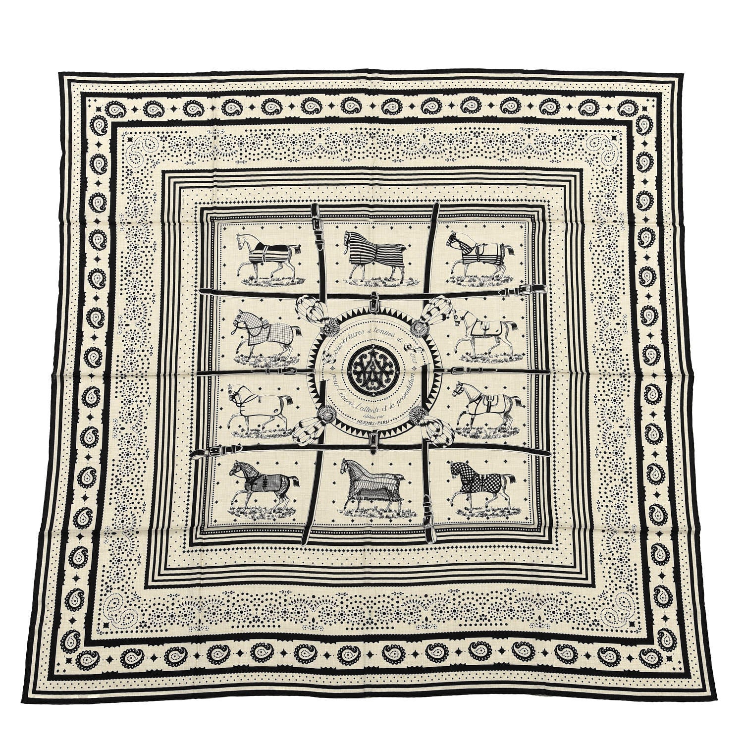 Hermes Silk Cashmere Couvertures Et Tenues de Jour Bandana Shawl 140 Natural Black 1 of 6