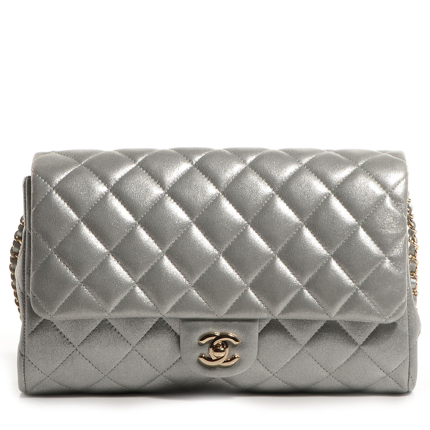 Iridescent Calfskin Clutch With Chain Flap Silver