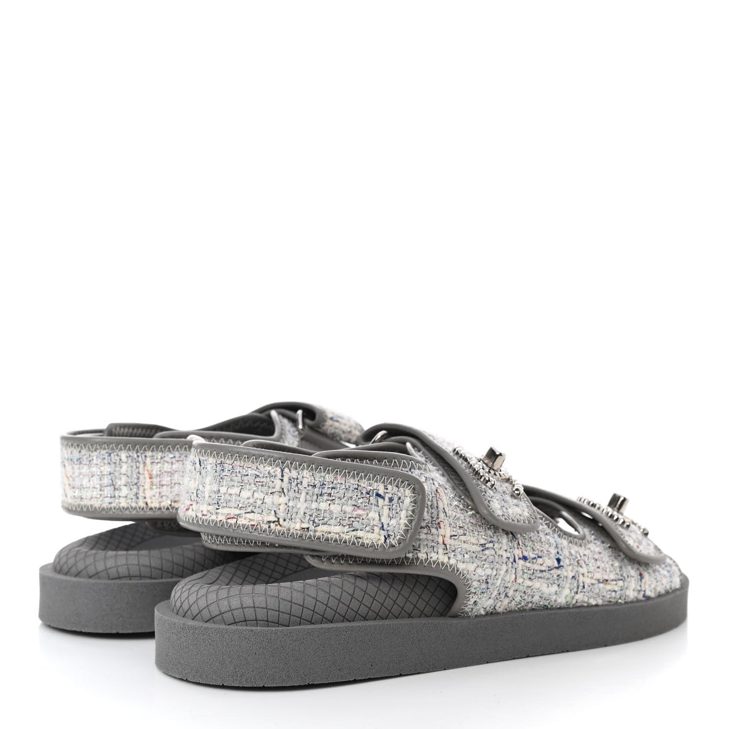 Tweed Lambskin Dad Sandals 36 Gray Ecru Blue