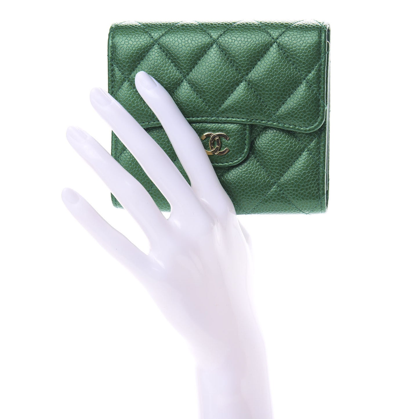 Metallic Caviar Quilted Compact Flap Wallet Green