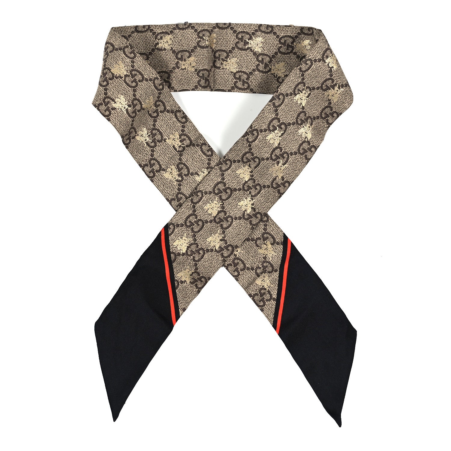 Gucci Silk Twill GG Monogram GG Bee Neck Bow Scarf Black Red 1 of 3