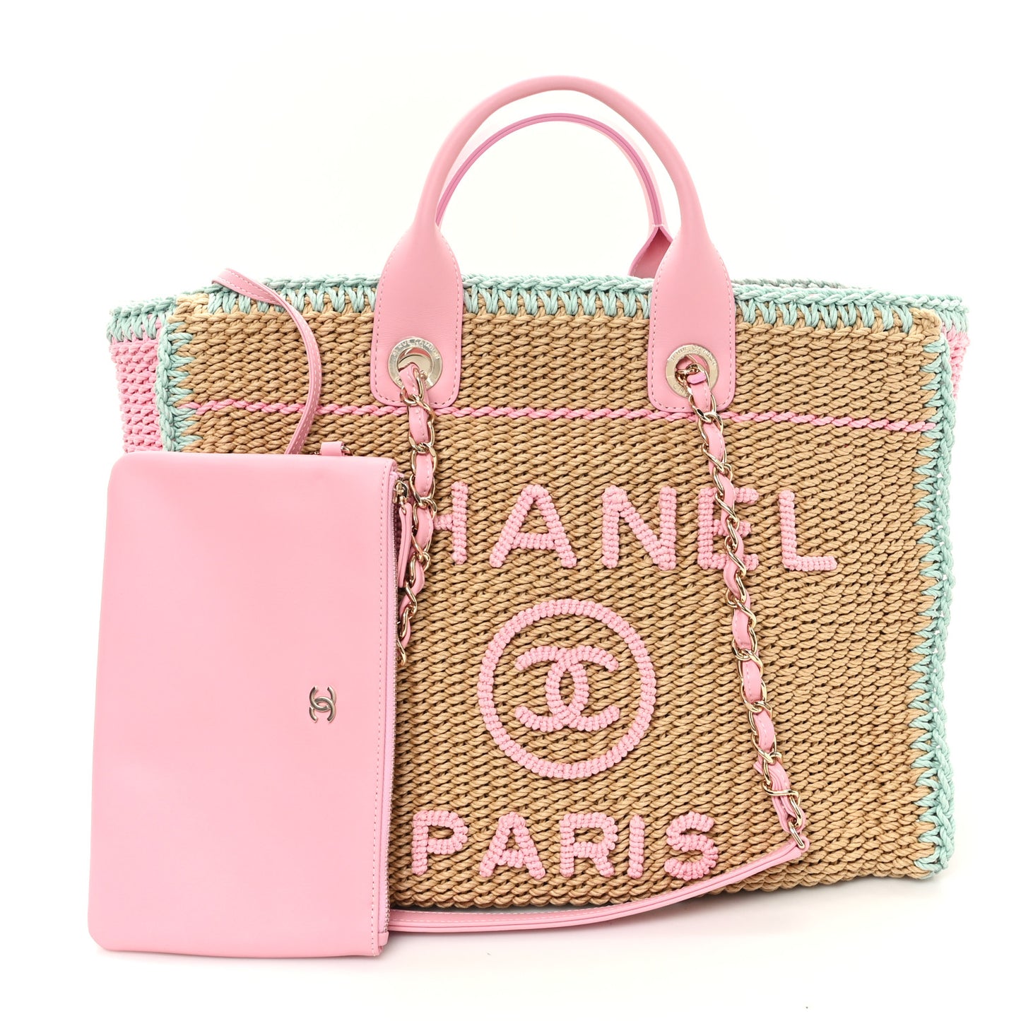 Raffia Crochet Medium Deauville Tote Beige Light Pink Green