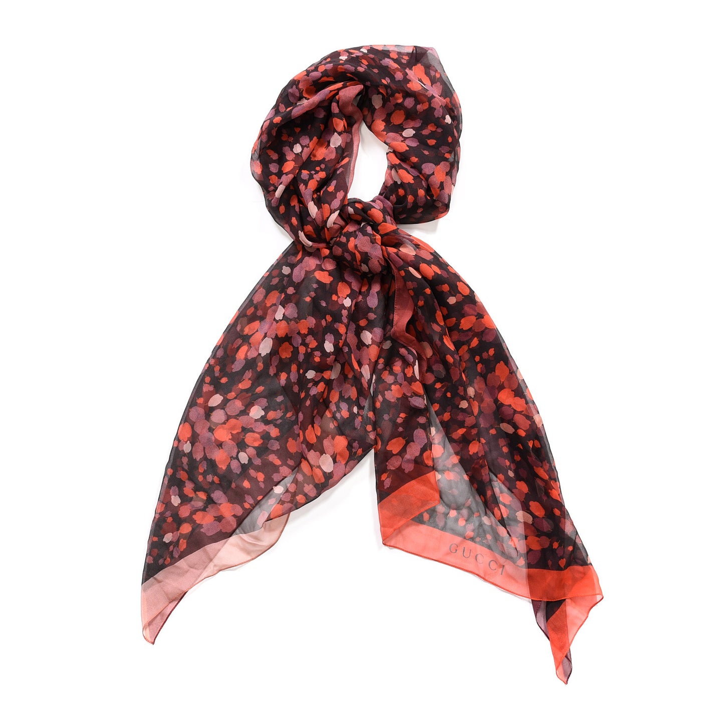 Silk Leaf Print Scarf Black Red