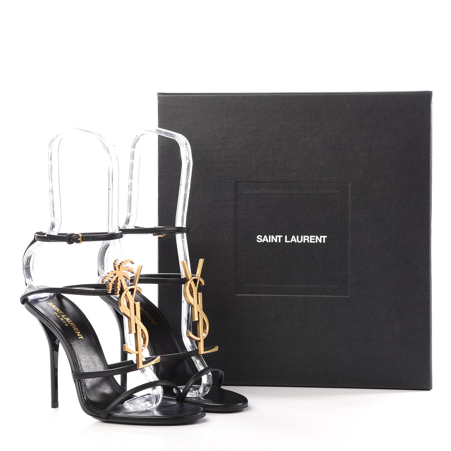 Calfskin Cassandra Palm Logo 110 Ankle Strap Sandals 37 Black