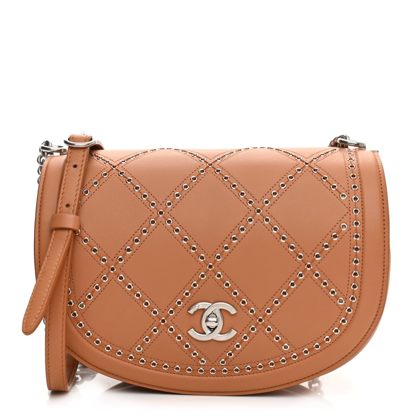 Calfskin Coco Eyelets Small Flap Bag Camel