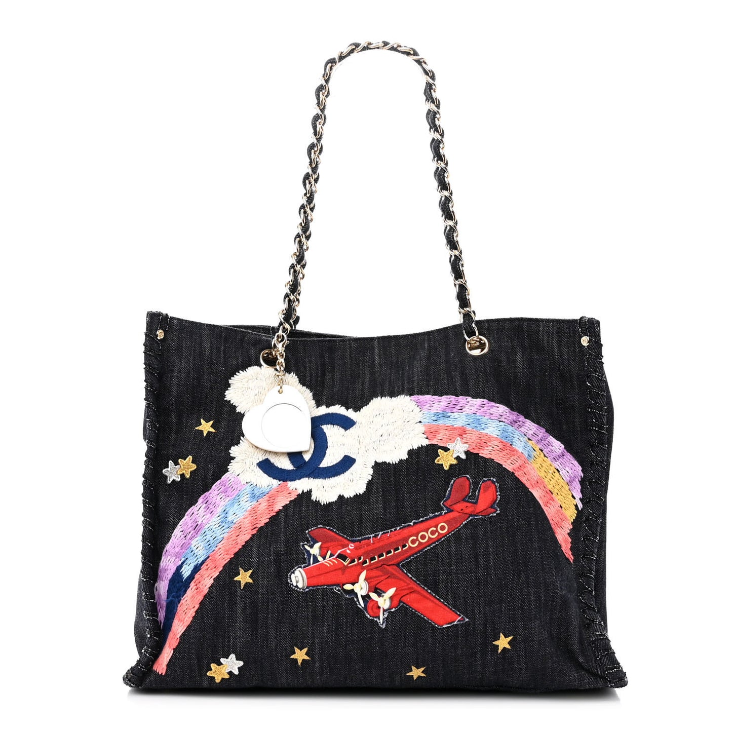 Denim Embroidered Night Flight Tote Blue