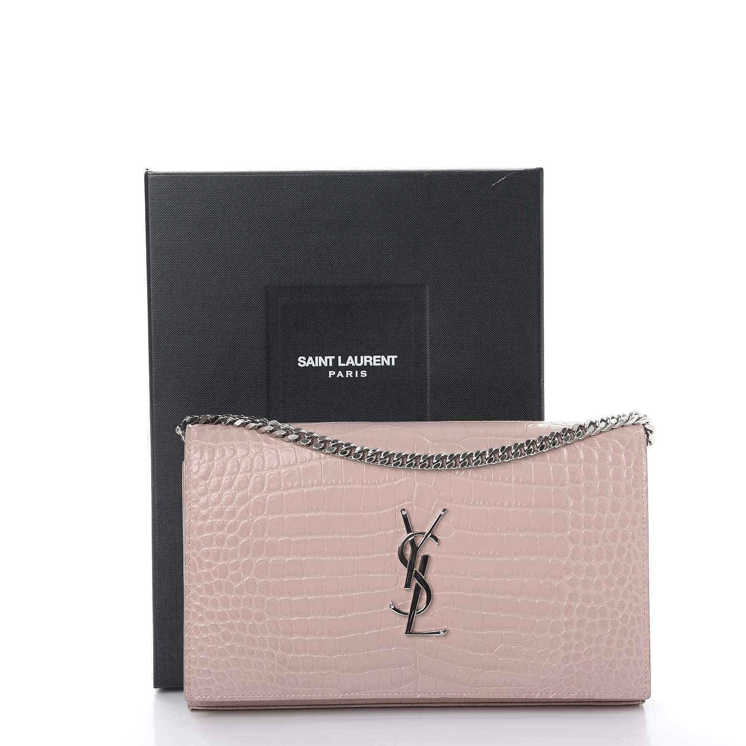Saint Laurent Calfskin Crocodile Embossed Monogram Chain Wallet Rose Antic 11 of 11