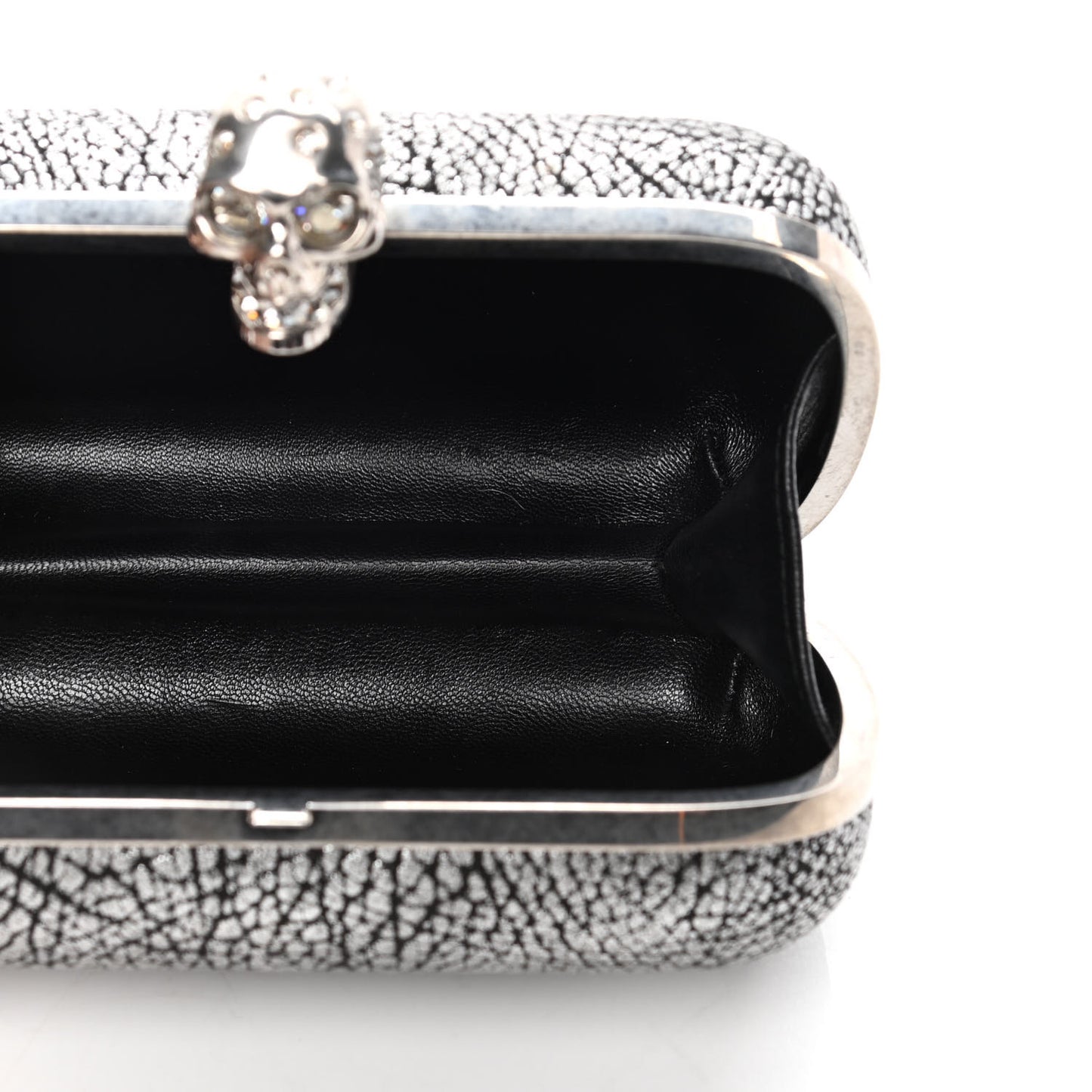 Metallic Crackled Lambskin Skull Box Clutch Silver