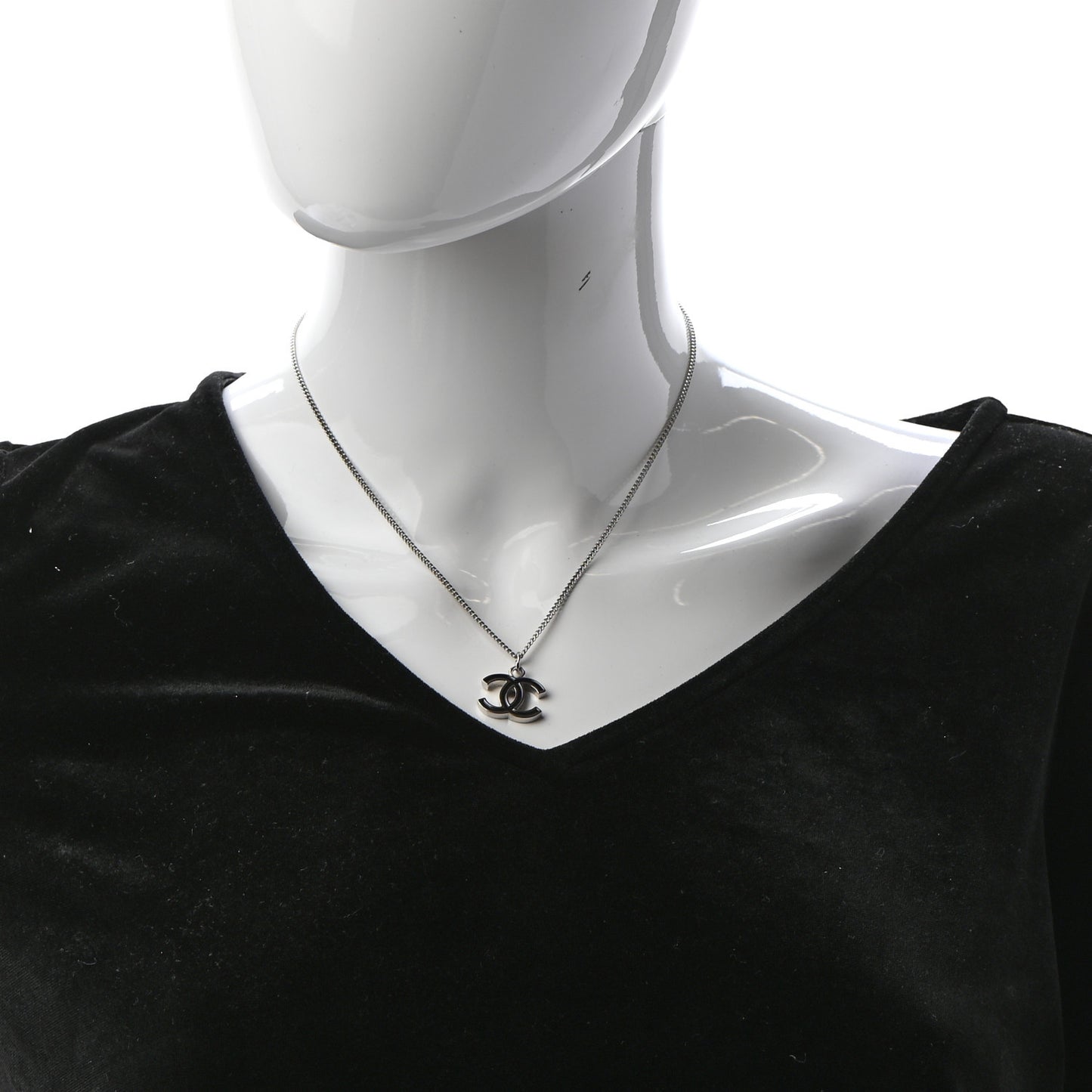 Enamel CC Pendant Necklace Black Silver