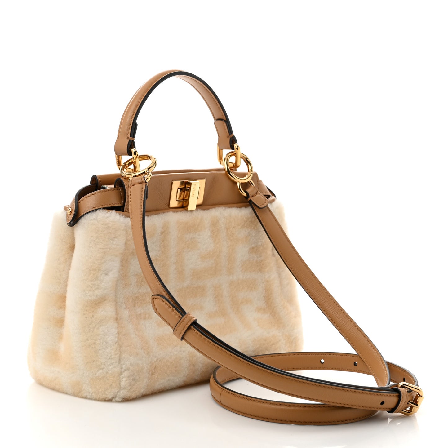 Shearling Nappa Macro FF 1974 Mini Peekaboo Iconic Satchel White Ice Cuoio Miele Scuro
