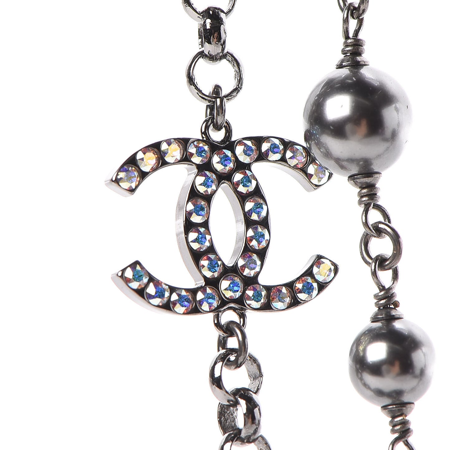 Crystal Pearl Beaded CC Long Necklace Grey