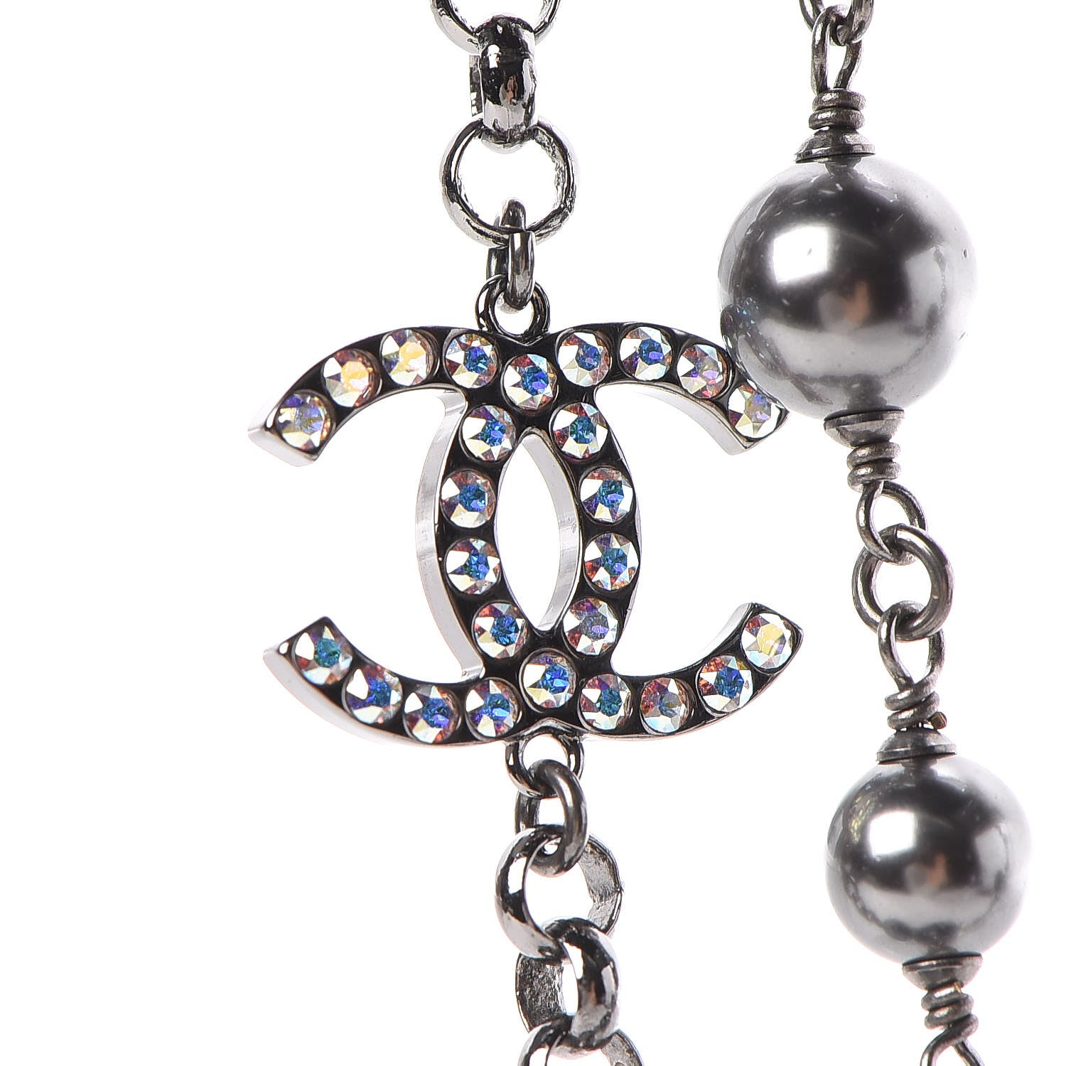 Chanel Crystal Pearl Beaded CC Long Necklace Grey 5 of 9