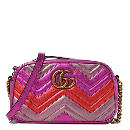 Gucci Laminated Nappa Matelasse Small GG Marmont Chain Shoulder Bag Fuxia Rosso Rosa 1 of 7