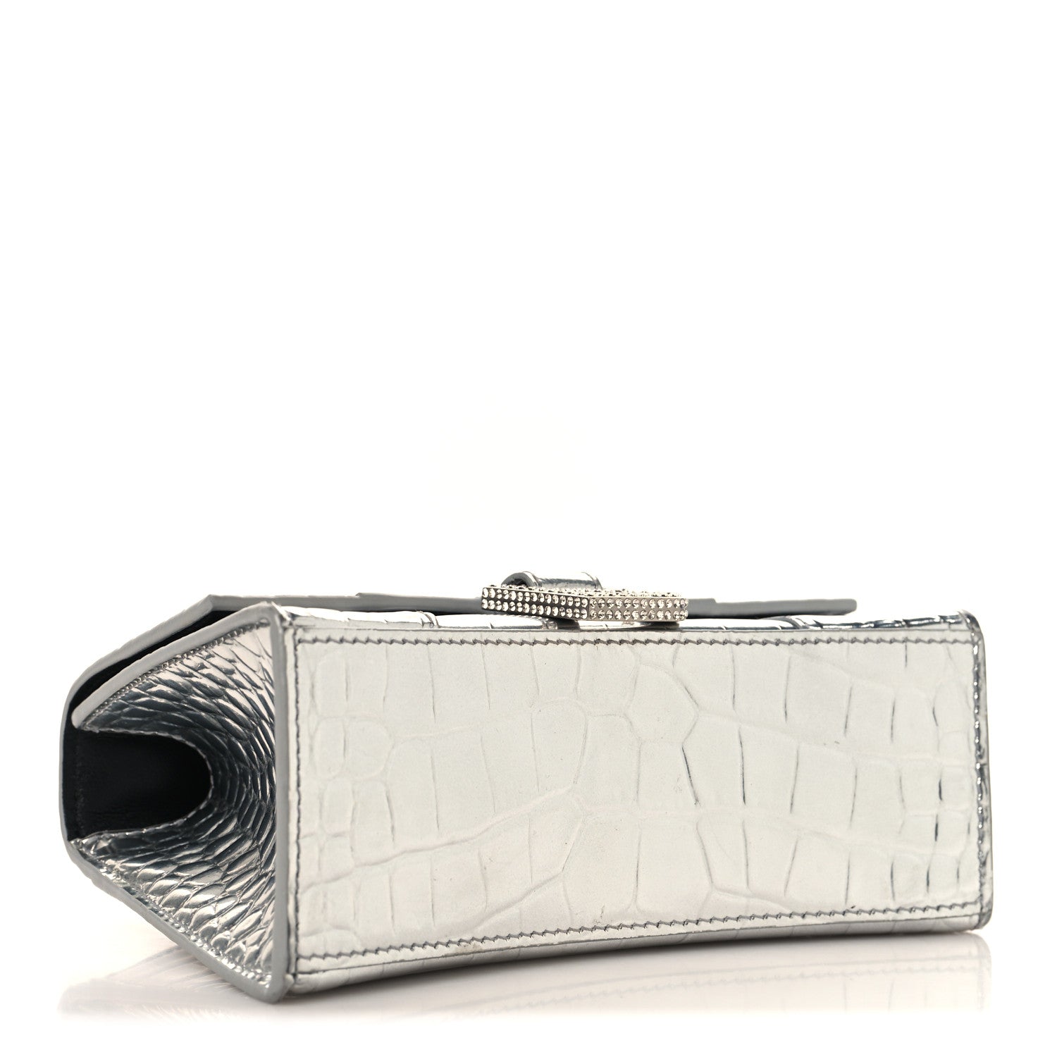 Balenciaga Metallic Calfskin Crocodile Embossed Crystal Hourglass Top Handle Bag XS Silver 4 of 12