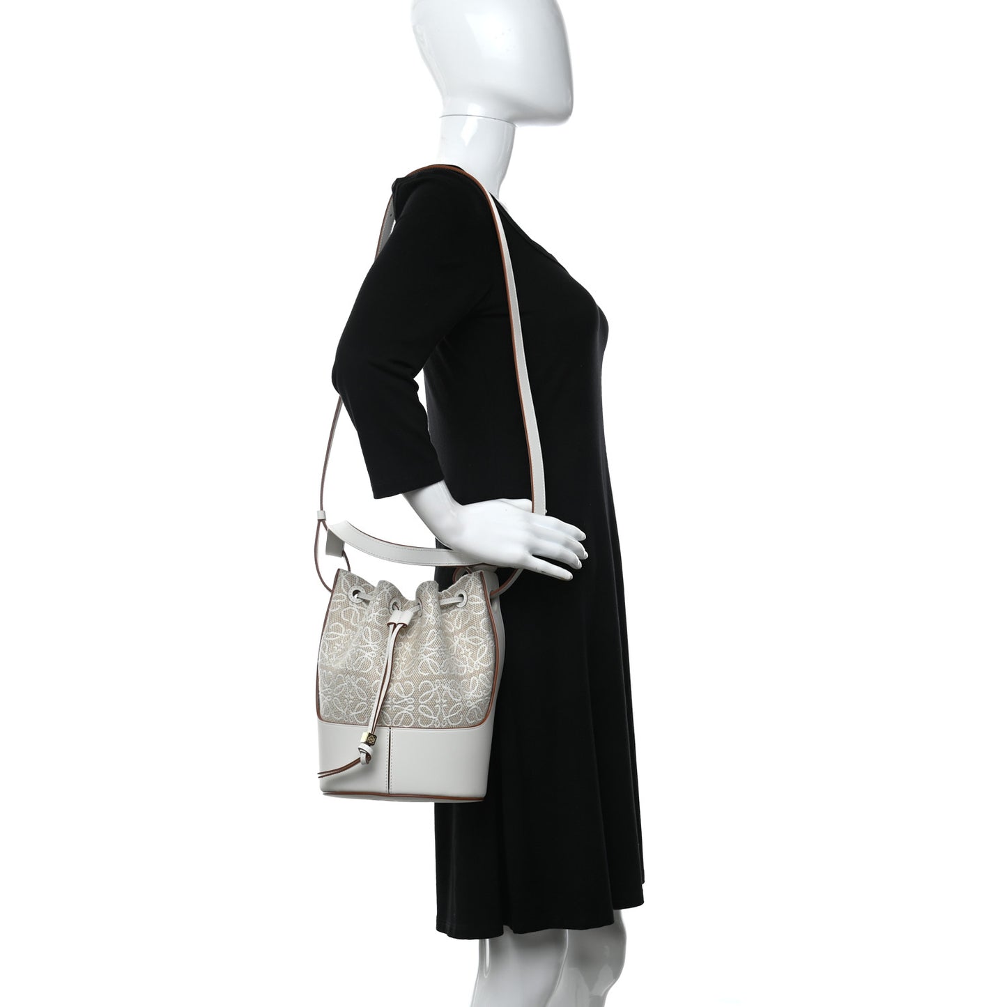 Calfskin Jacquard Linen Anagram Embroidered Small Balloon Bucket Bag Ecru White