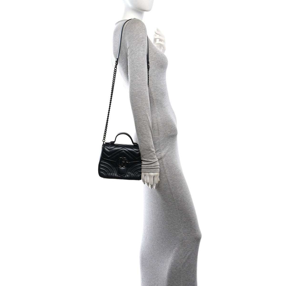 Calfskin Matelasse Monochrome GG Marmont Top Handle Shoulder Bag Black