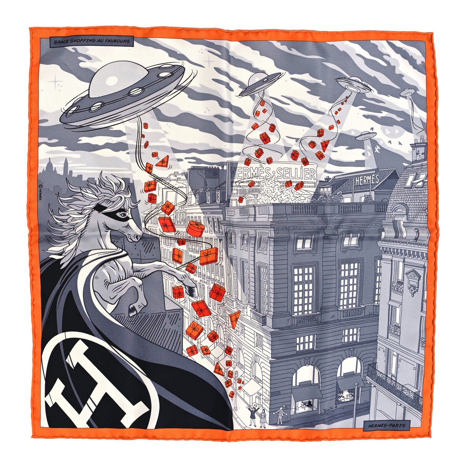 Hermes Silk Space Shopping Au Faubourg Pocket Square Gris Black Orange 1 of 6
