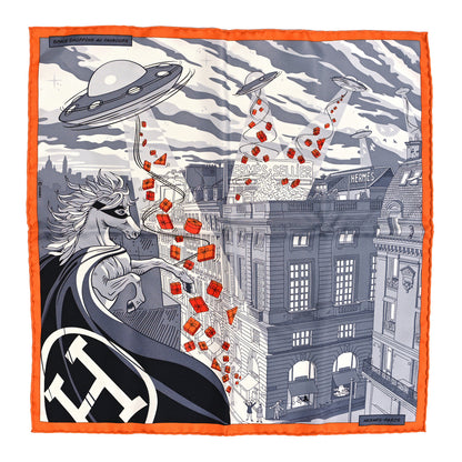 Hermes Silk Space Shopping Au Faubourg Pocket Square Gris Black Orange 1 of 6