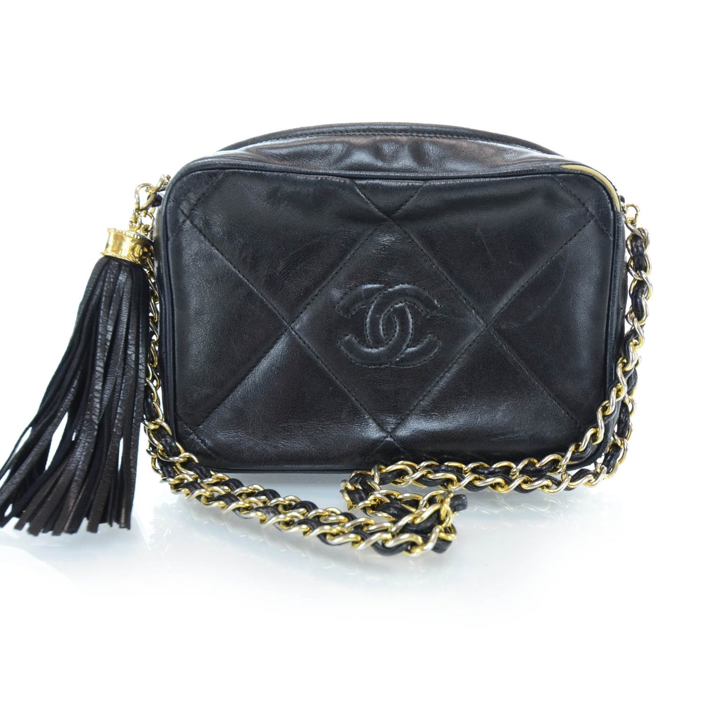 Lambskin Quilted Camera Tassel Case Black