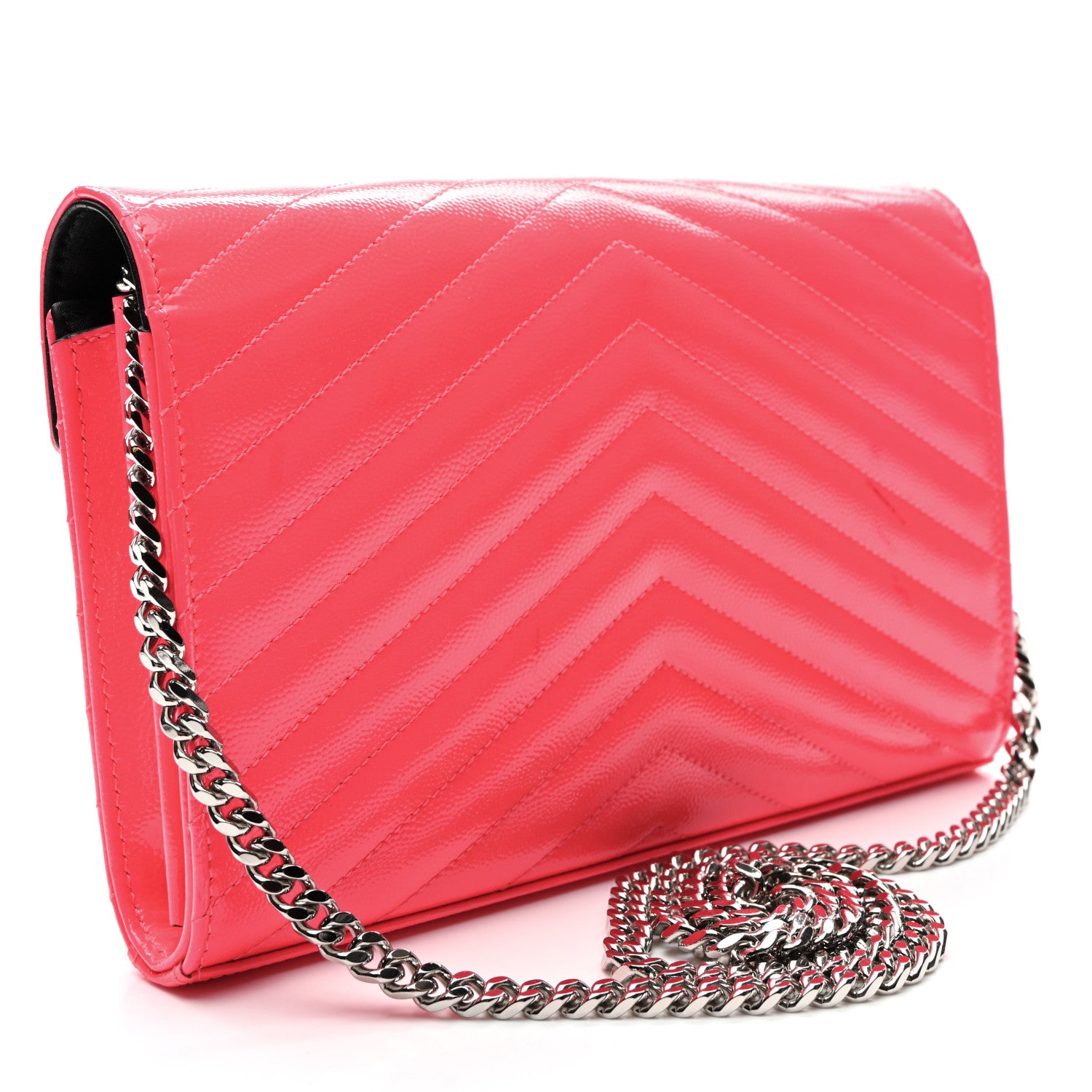 Saint Laurent Patent Grain De Poudre Matelasse Chevron Monogram Chain Wallet Neon Pink 3 of 11