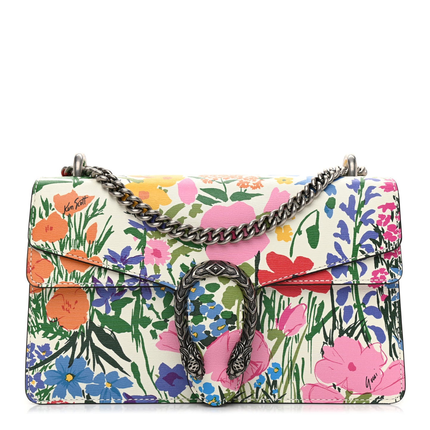 X KEN SCOTT New Shangai Calfskin Jardin D'Avril Floral Print Small Dionysus Shoulder Bag Ivory Pink