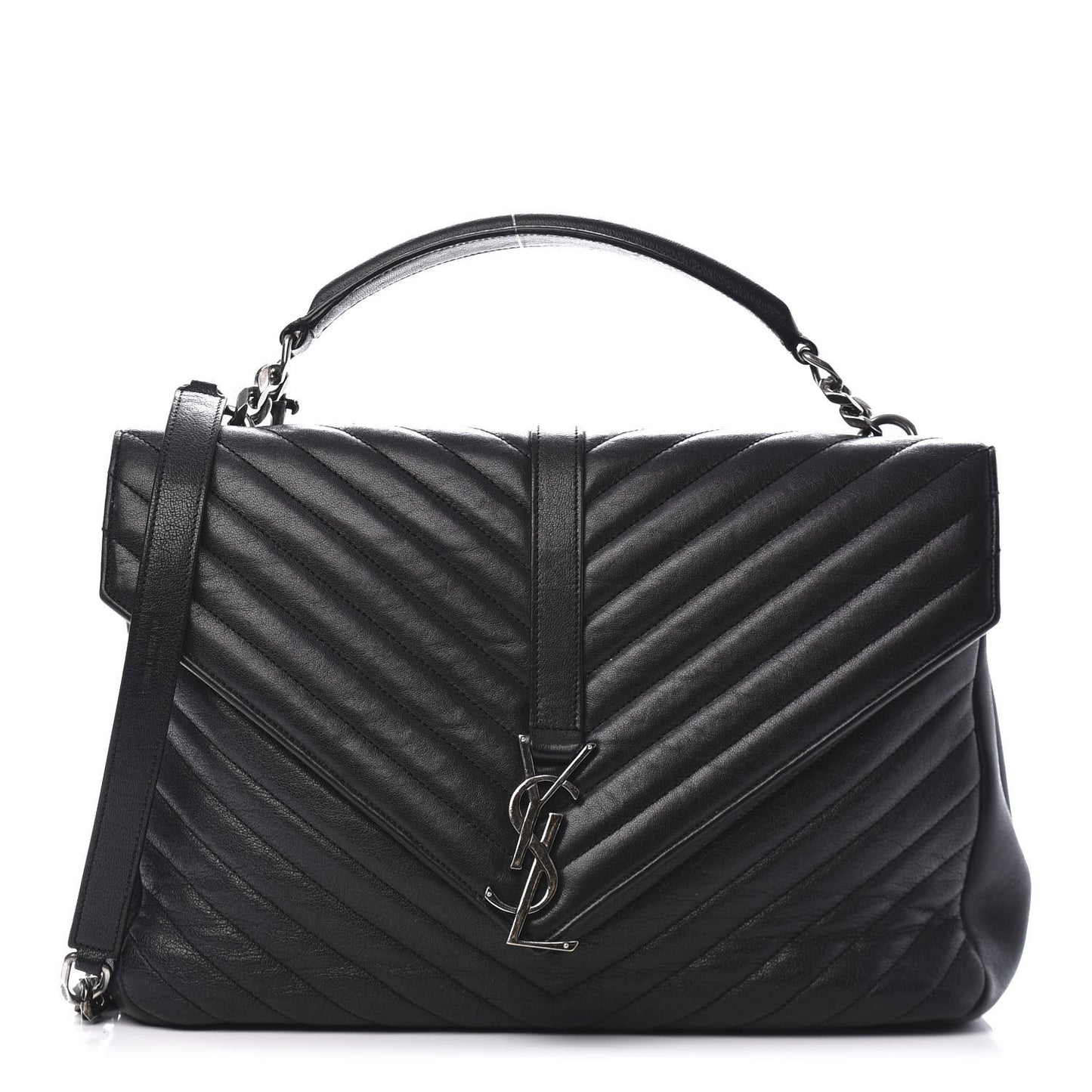 Sheepskin Matelasse Chevron Monogram Large College Satchel Black
