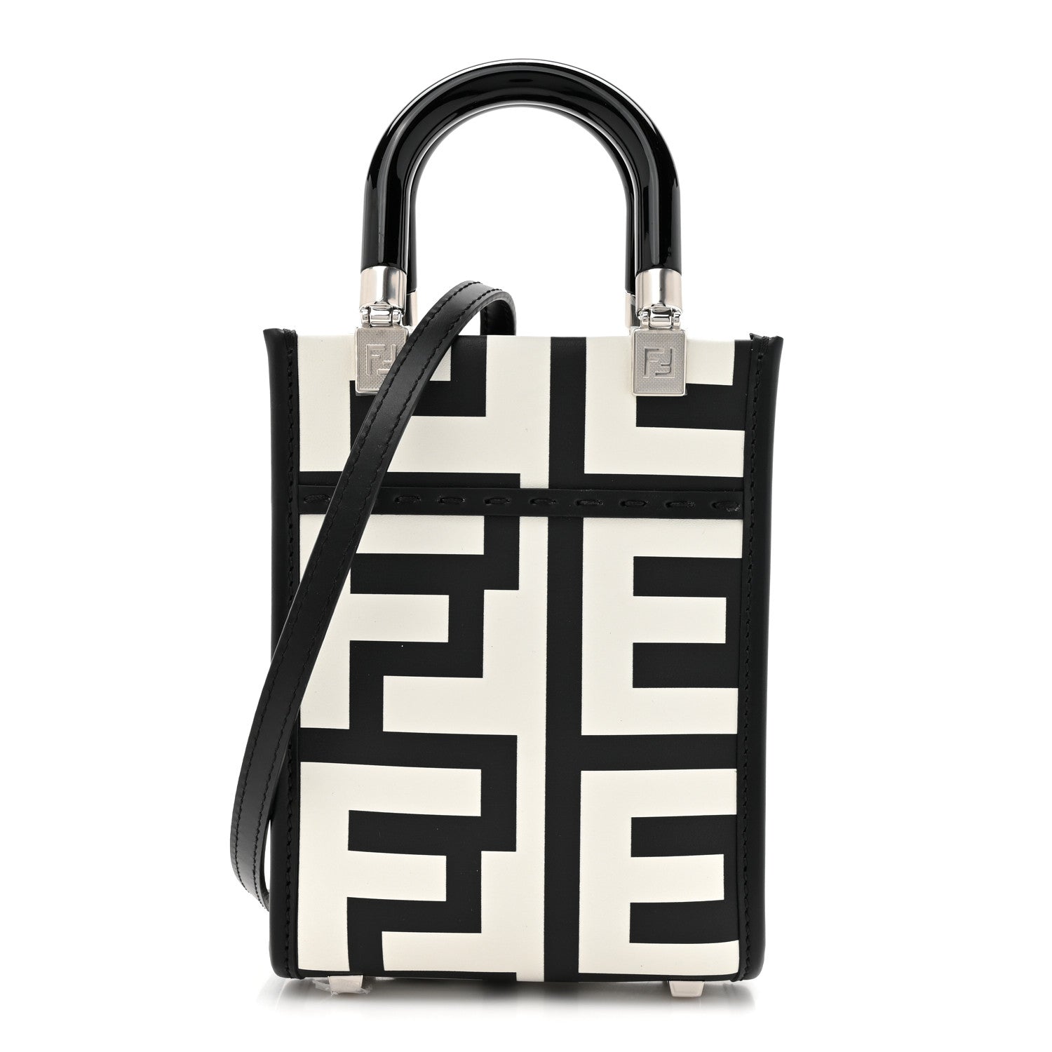 Fendi X MARC JACOBS Vitello King Plexiglass Logo Print Mini Fendi Sunshine Shopper Tote Black White 1 of 9