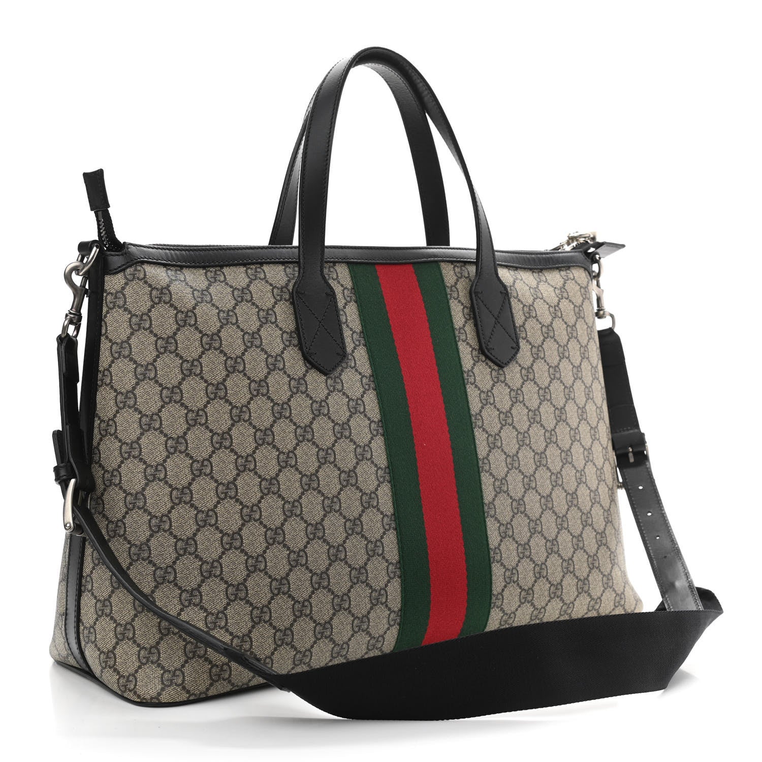 Gucci GG Supreme Monogram Web Medium Zippered Tote Beige Black 3 of 10
