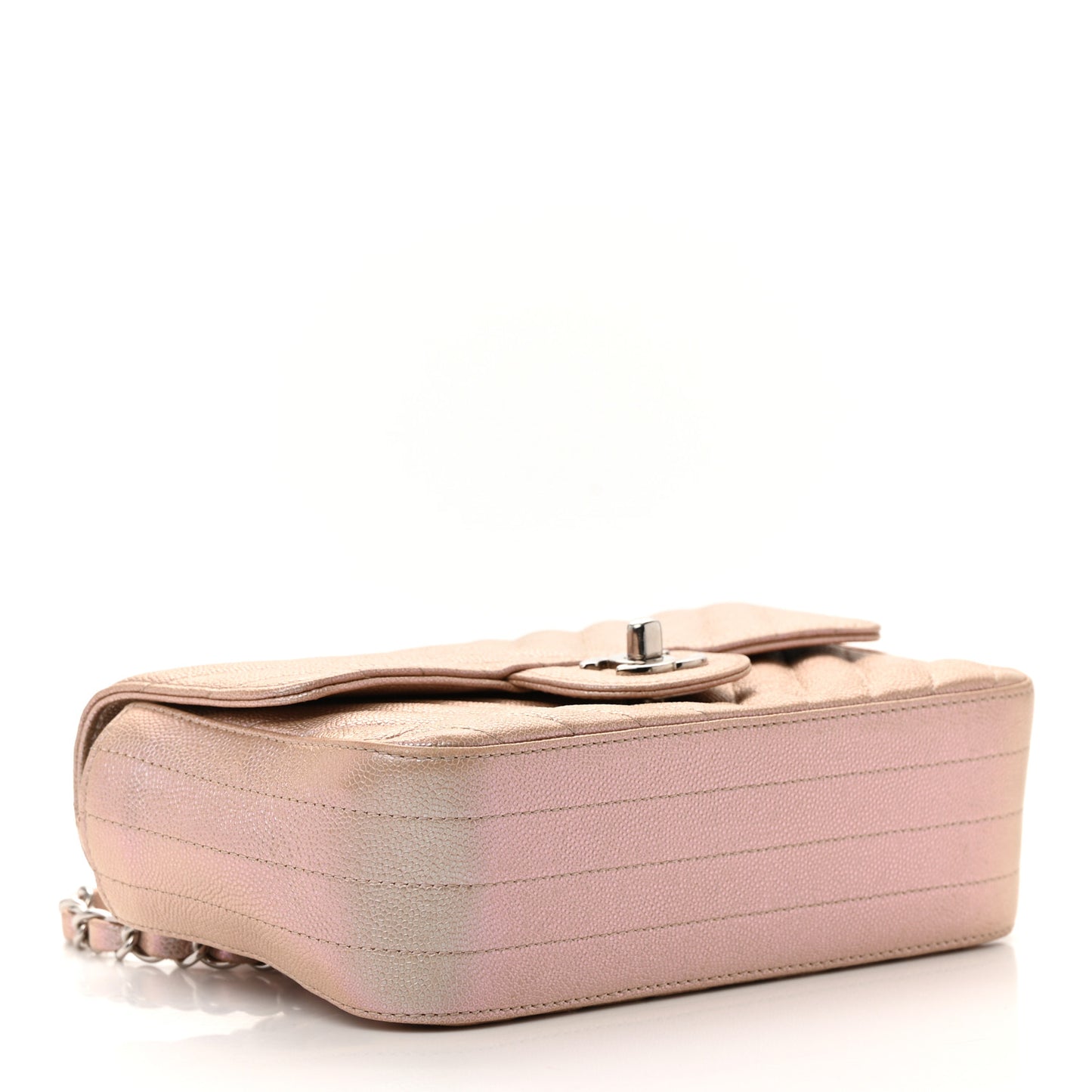 Iridescent Caviar Chevron Quilted Mini Rectangular Flap Light Gold