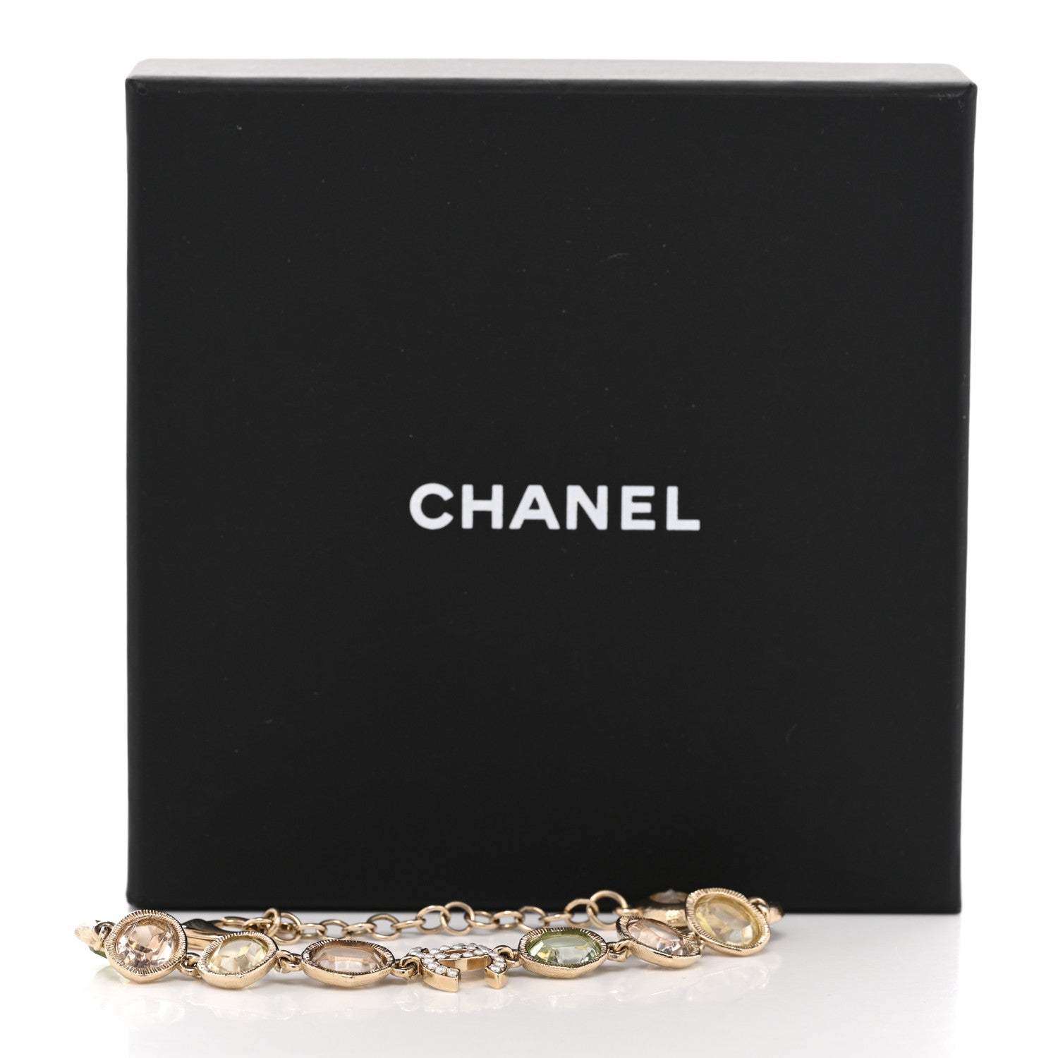 Chanel Metal Glass Crystal Strass Pearl CC Chain Bracelet Gold Multicolor Pearly White 5 of 5