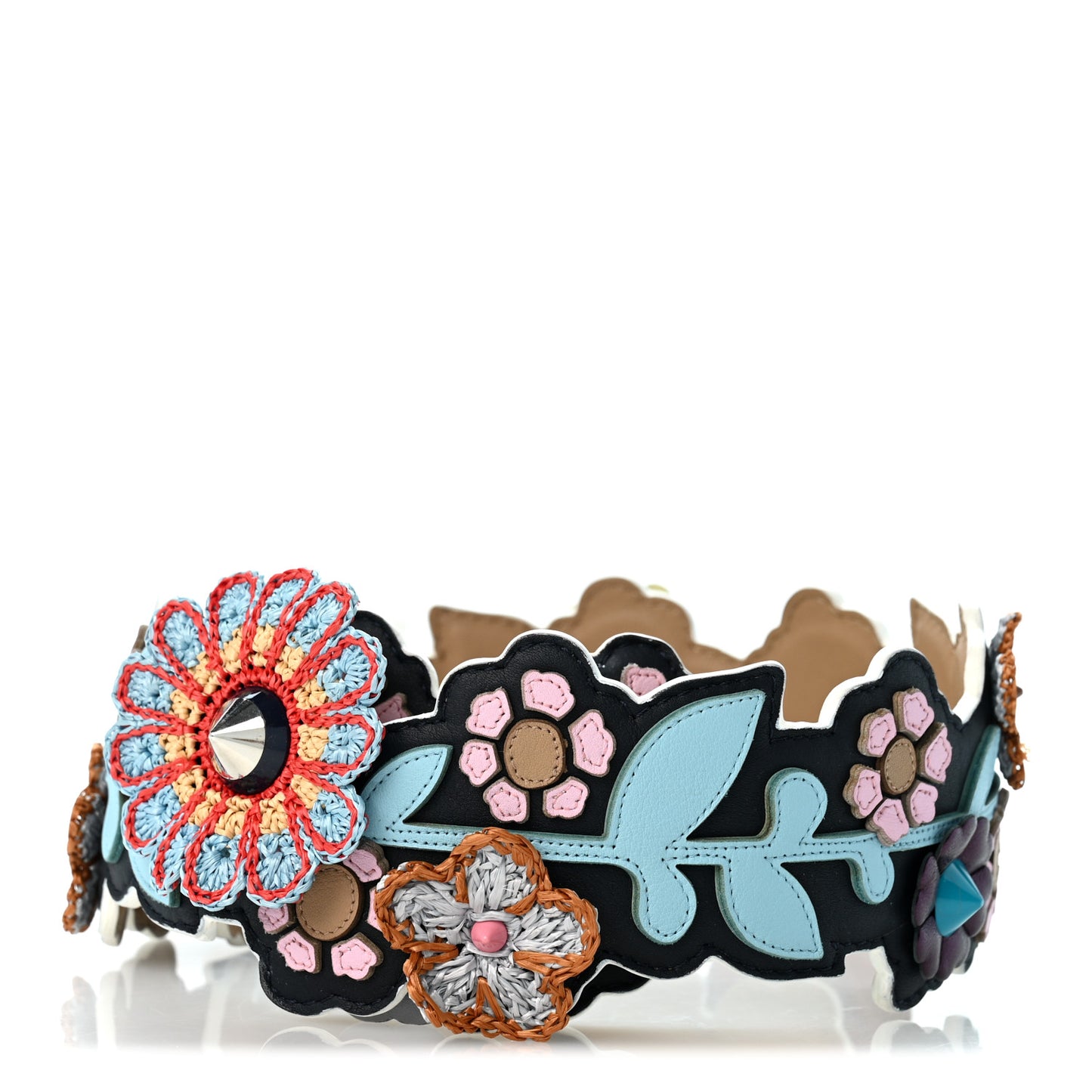 Vitello Dolce Raffia Nappa Catalan Mirror Mink Flowerland Studded Strap You Blue Notte Cuoio Multicolor